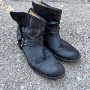 Frye Black Leather Ankle Boots with Buckle Detail